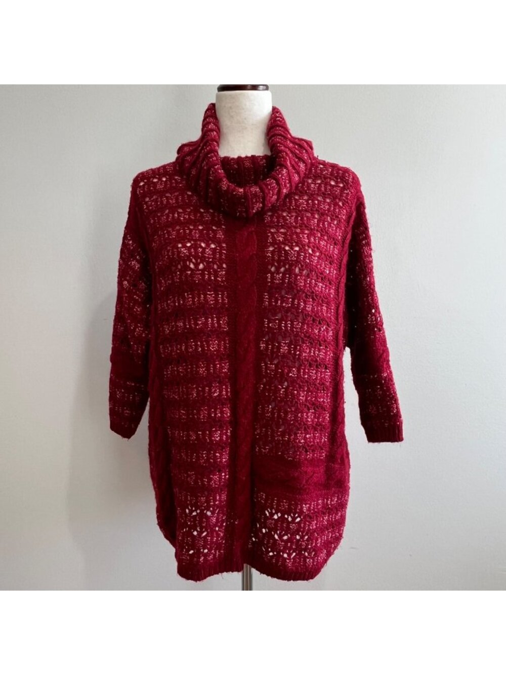 Lucky Brand Cowl Neck Sweater Womens M Red Oversized Open Knit 3/4 Sleeve Boho